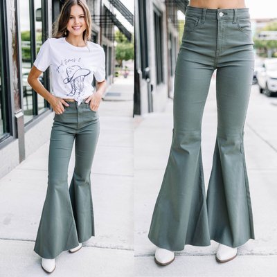 LIGHT OLIVE GREEN FLARE PANTS, Waist Size: 27 at best price in