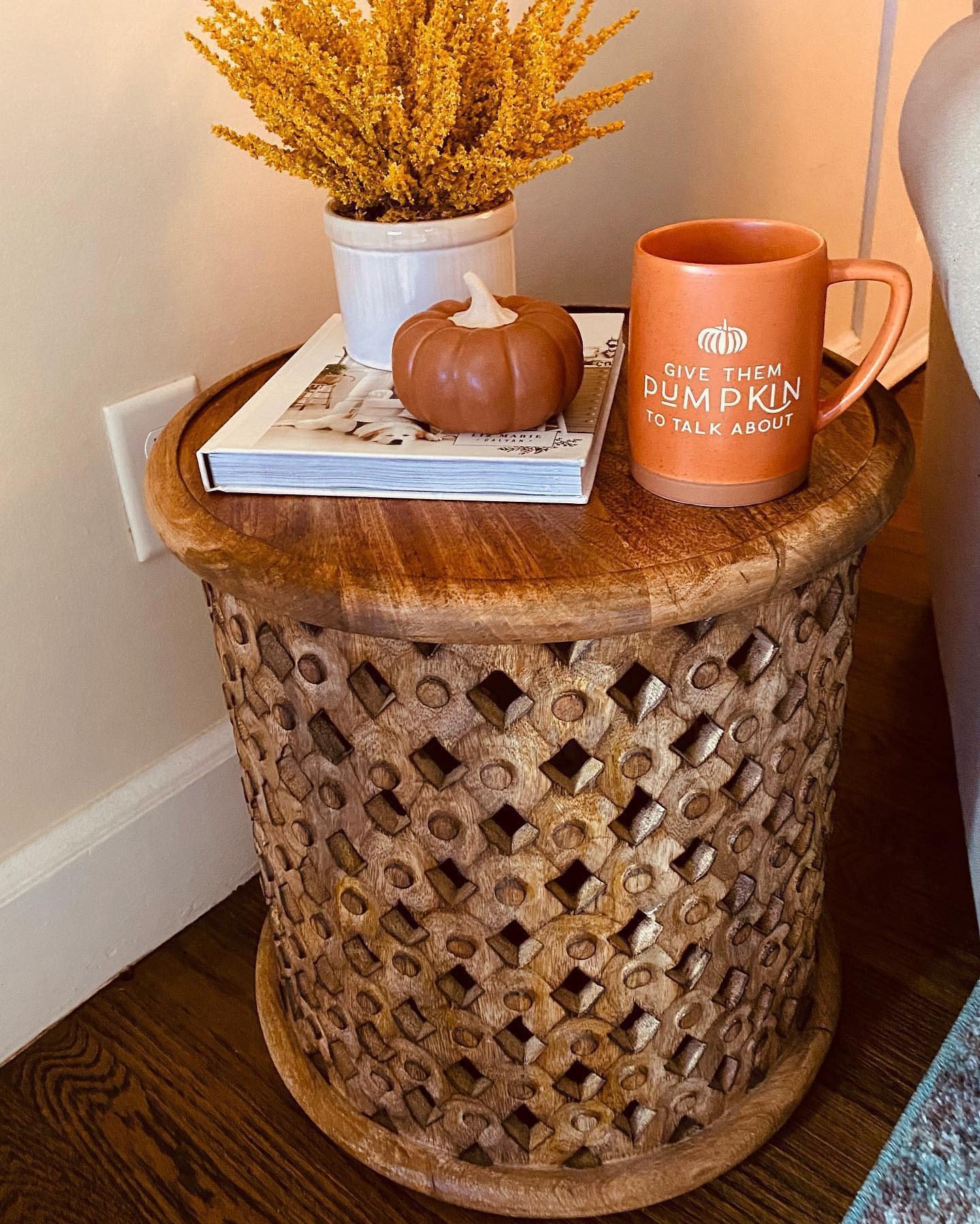 Round Aged Driftwood Carved Wood Lattice Side Table World Market