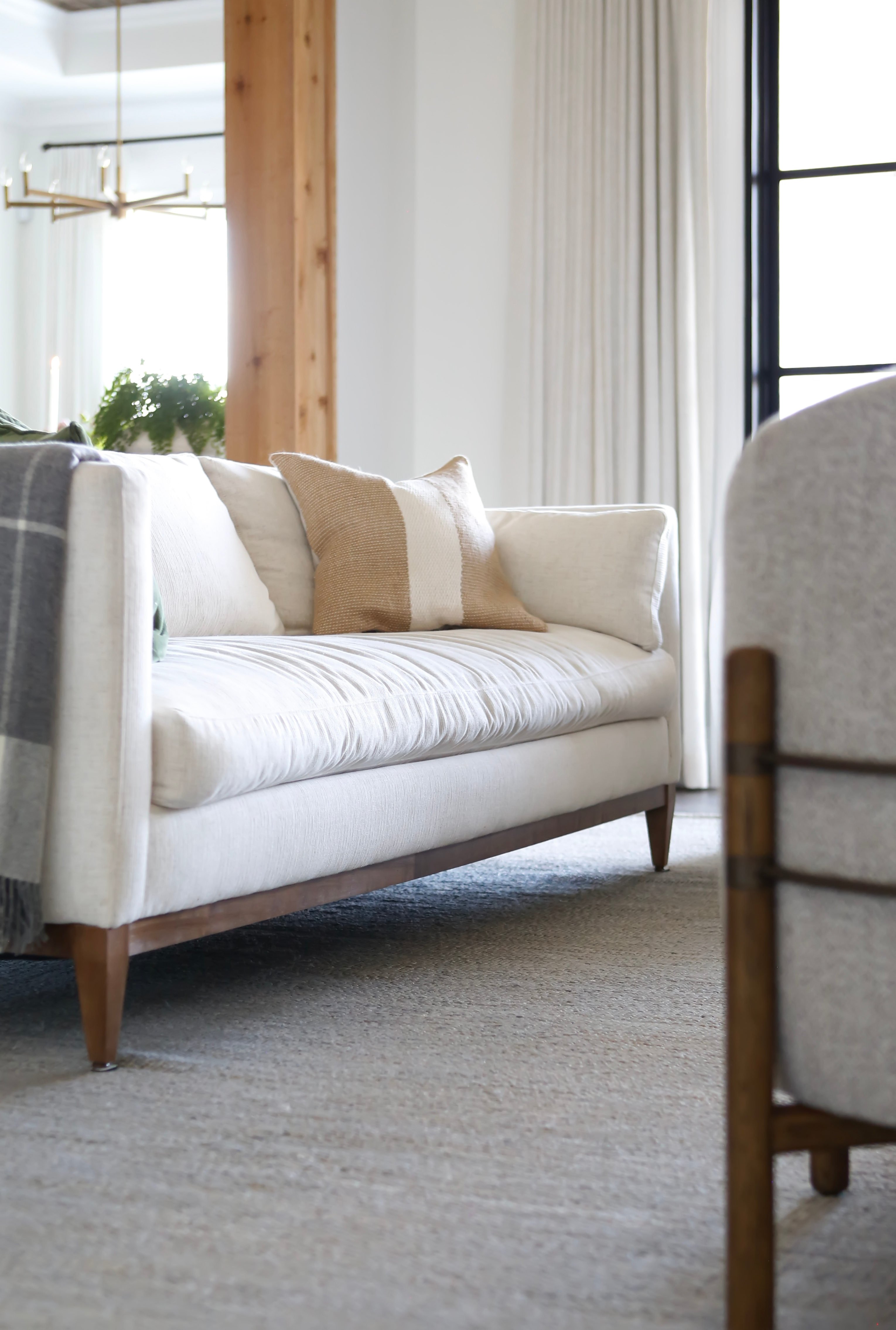 Leah Modern Bone White Upholstered Latte Wood Base Performance Sofa 86 W