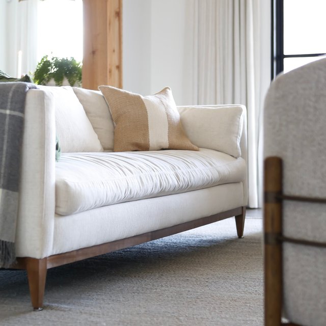 Leah Modern Bone White Upholstered Latte Wood Base Performance Sofa