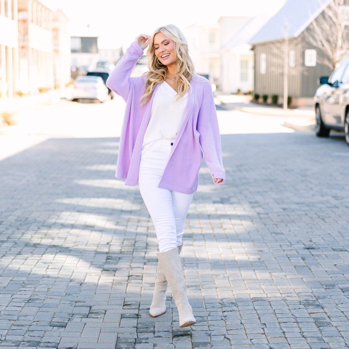 Light purple cardigan outlet outfit