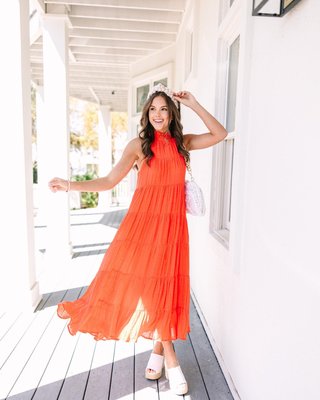 Come To Me Coral Orange Tiered Midi Dress  Shop the Mint
