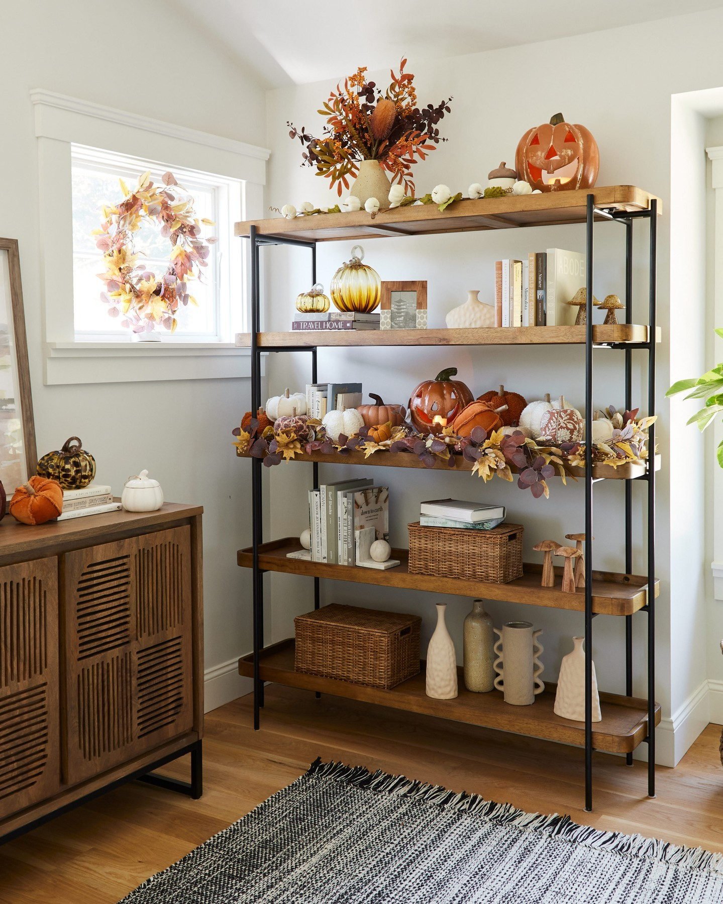 Kaili Tall Vintage Acorn and Black Metal Bookshelf - World Market