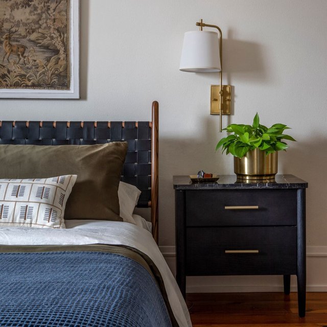 Darcie Mid Century Brown Teak Woven Leather Headboard Bed - Queen