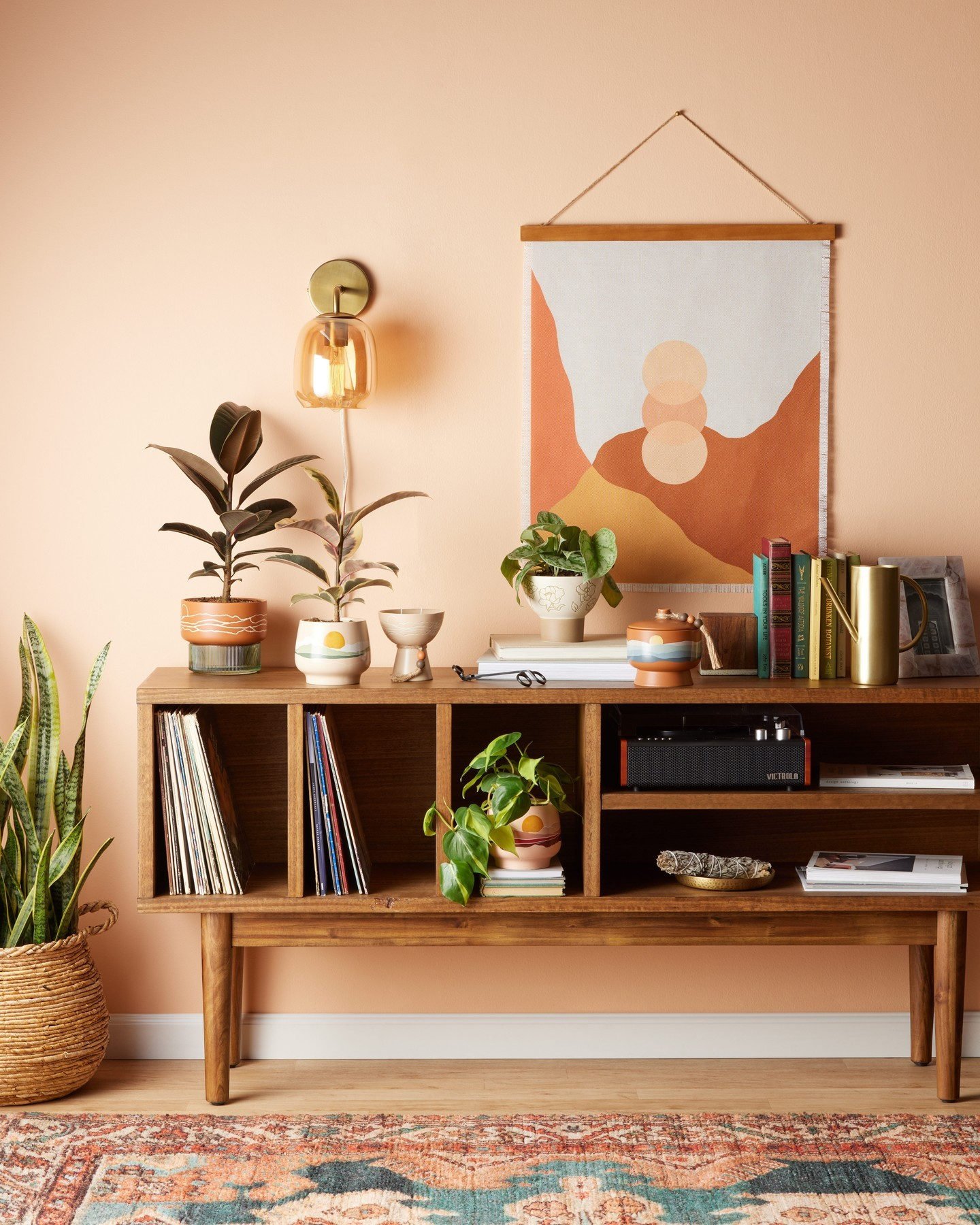 Jagger Wide Vintage Acorn Media Stand with Record Storage - World