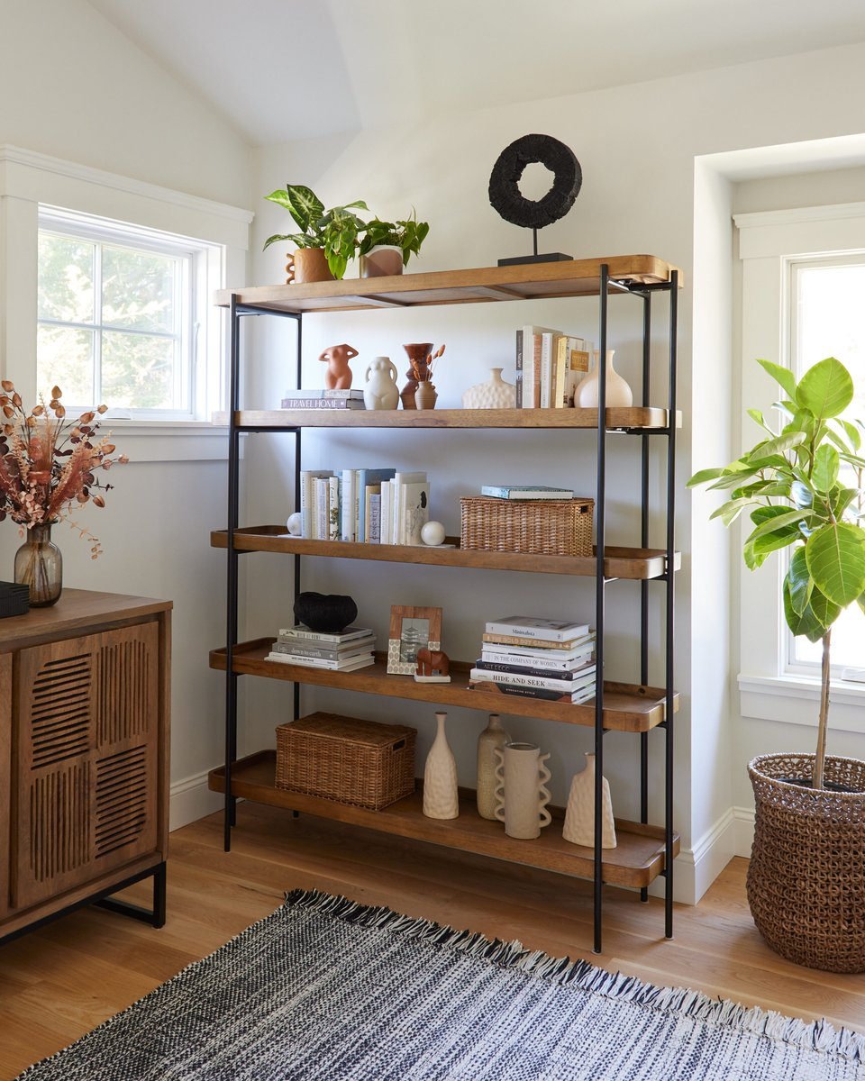 Kaili Tall Vintage Acorn and Black Metal Bookshelf - World Market