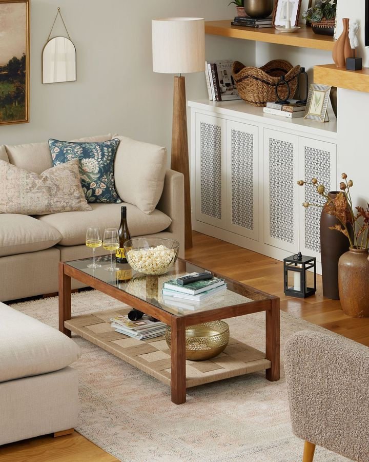 Lincoln Wood and Jute Glass Top Coffee Table with Shelf - World Market