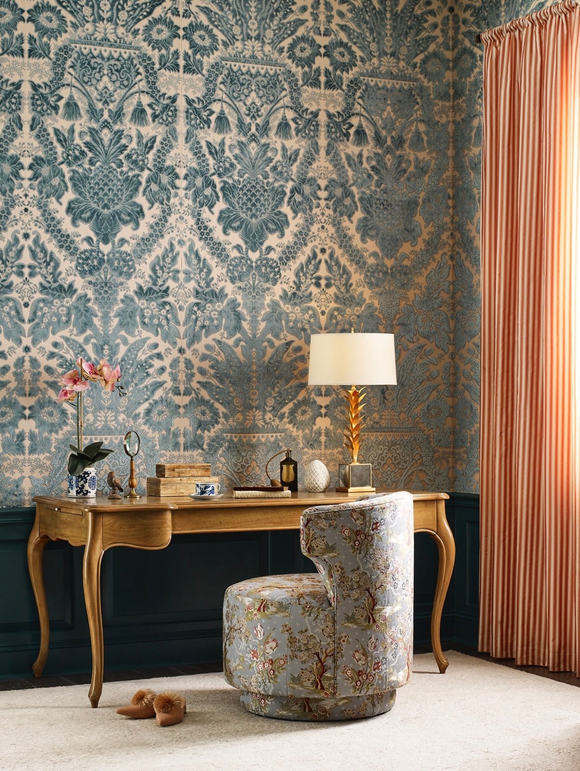 Avignon Brocade Peach Sky Fabric | Scalamandre