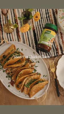Sheet pan roasted jalapeño chicken tacos #KnorrPartner 🌶️ 
•
This Knorr chicken taco recipe is more than just a meal, it’s a celebration of chosen family and the power of sharing meaningful moments at the dinner table. This recipe is easy, perfect to double for a gathering, and sure to bring everyone together one taco at a time. 🌮

// made for 2 🤍

❥ 1 lb chicken breasts
❥ 1 tbsp olive oil
❥ 1/2 yellow onion, chopped
❥ 1 jalapeño, chopped 
❥ 1 tsp. Knorr Chicken Bouillon
❥ 1/2 tsp chili powder
❥ 1/2 tsp cumin
❥ 1/4 cup liquid aminos
❥ 1/2 tbsp honey 
❥ 4 corn tortillas, warmed
❥ 1/2 cup shredded pepper jack cheese

Preheat oven to 425°F. Toss the chicken with olive oil, onion, jalapeño, Knorr chicken flavor bouillon, chili powder, and cumin on a baking sheet. Pour over the aminos and honey. Toss to coat. Arrange in a single layer. Roast for 20 minutes until chicken is cooked. Shred chicken and set aside. Brush the warm tortillas with avocado oil, then line up in a baking dish. Bake for 5 minutes. Stuff the ch