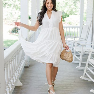fit white dress Chiffon and Flare Midi with Transparent Collar MATERIAL COTTON/POLYESTER Chic White Midi Dress -