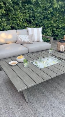 Play Andorra Weathered Grey Wood 5-Piece L-Shaped Outdoor Sectional Sofa with Sand Cushions - video 0 of 1