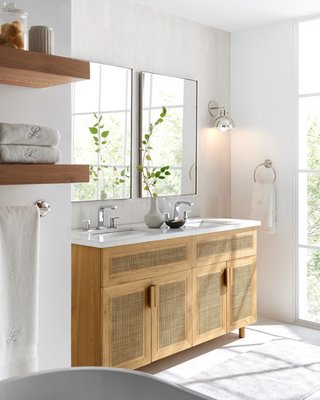 Eli 60" White Marble Top Double Sink Vanity with Cane and Natural Oak Wood Doors - image 19 of 20