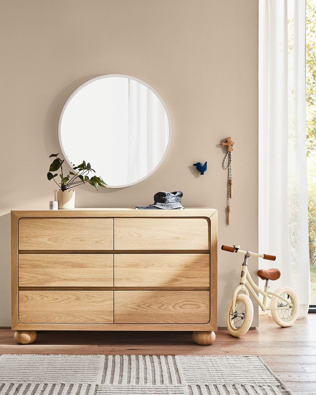 Finn Wide Sage Green Wood 3-Drawer Kids Dresser with Door +