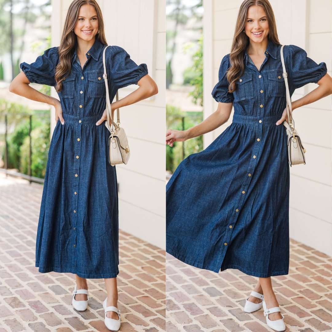 Still The One Medium Wash Denim Midi Dress – Shop the Mint