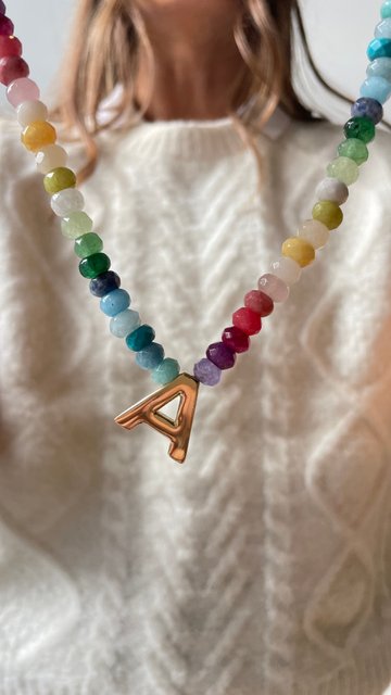 Semi-Precious Block Initial Necklace - Multi