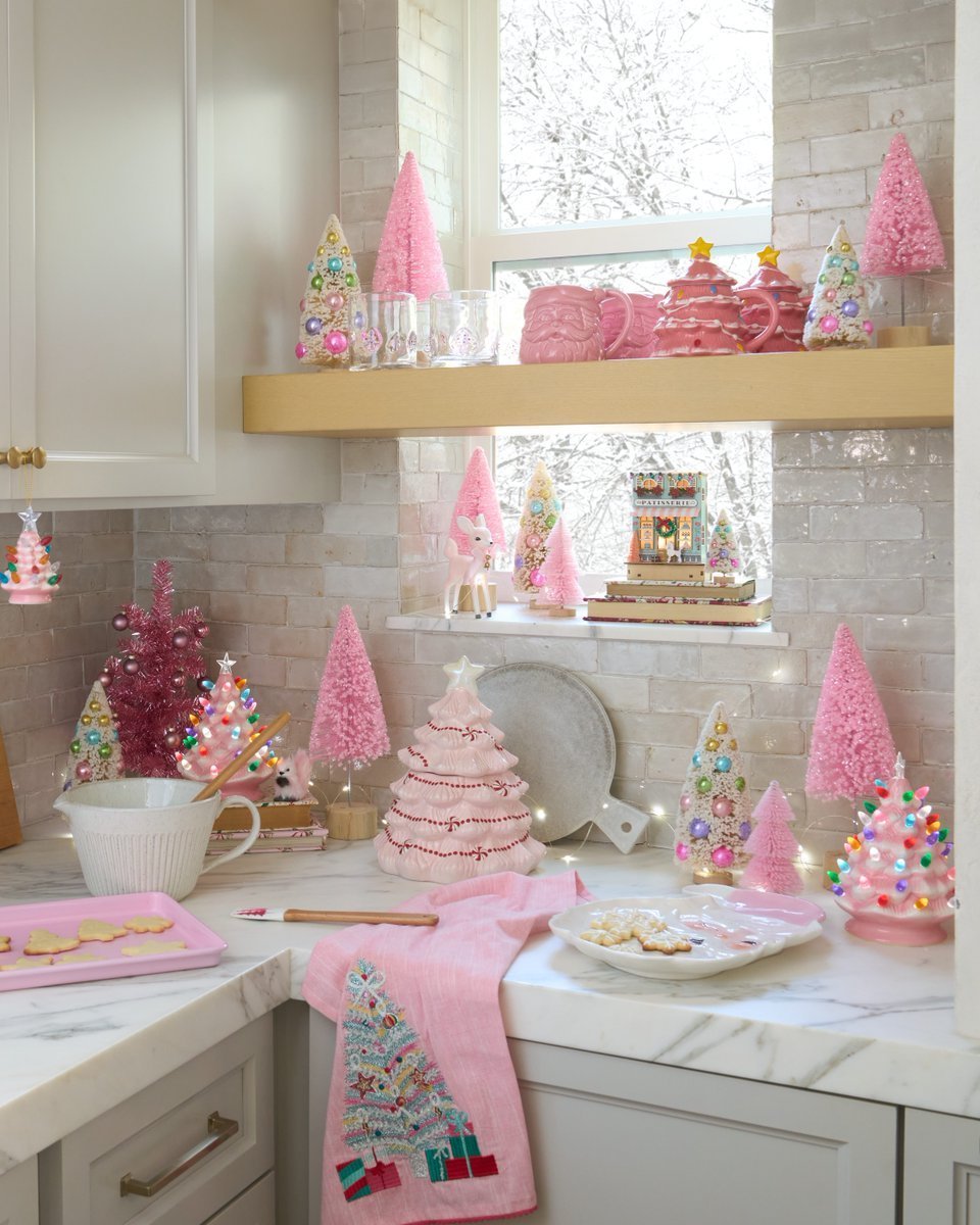 Pink Tinsel Christmas Tree Embroidered Kitchen Towel - World