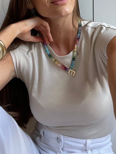 Semi-Precious Block Initial Necklace - Multi