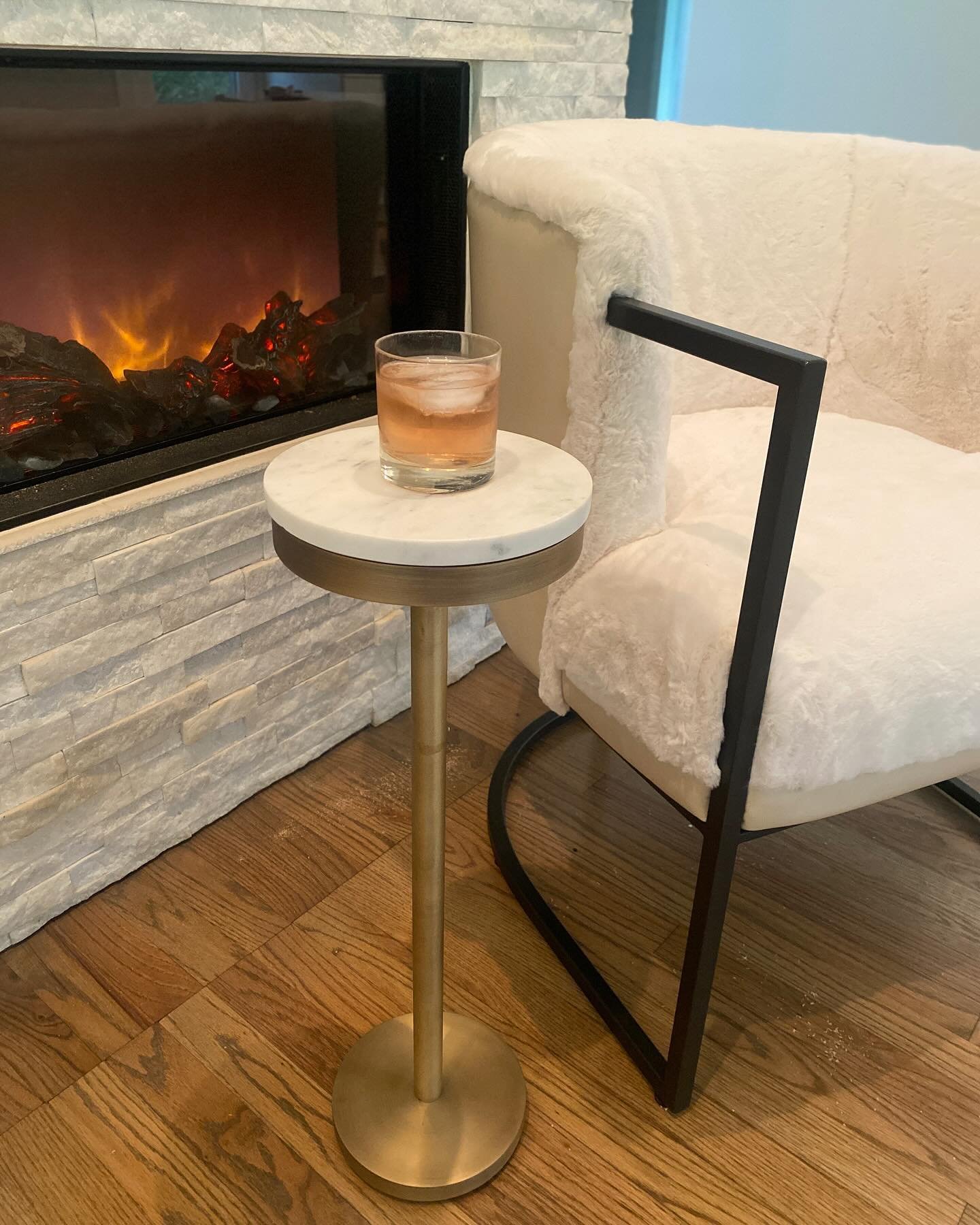 Freya Industrial Loft Cream Marble Antique Brass Steel Drink Side