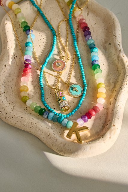 Semi-Precious Block Initial Necklace - Multi