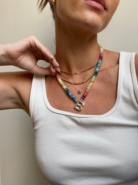 Semi-Precious Block Initial Necklace - Multi