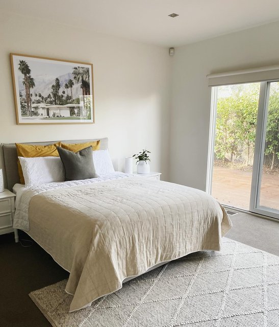 Beach house bedroom coming together- the Freedom Palm Springs print goes perfectly above the bed. Wall panelling next on the list. freedom_australia #beachhouse #beachhousedecor #beachhousestyle #beachhousebedroom #bedroomstyle #bedroomstyling #coastaldecor #coastalstyle #myhomebeautiful #freedomcontentsharing