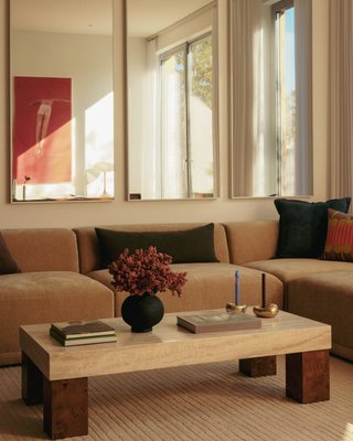 Dualité Travertine and Burl Wood Block Leg 53" Coffee Table by Athena Calderone - image 13 of 13