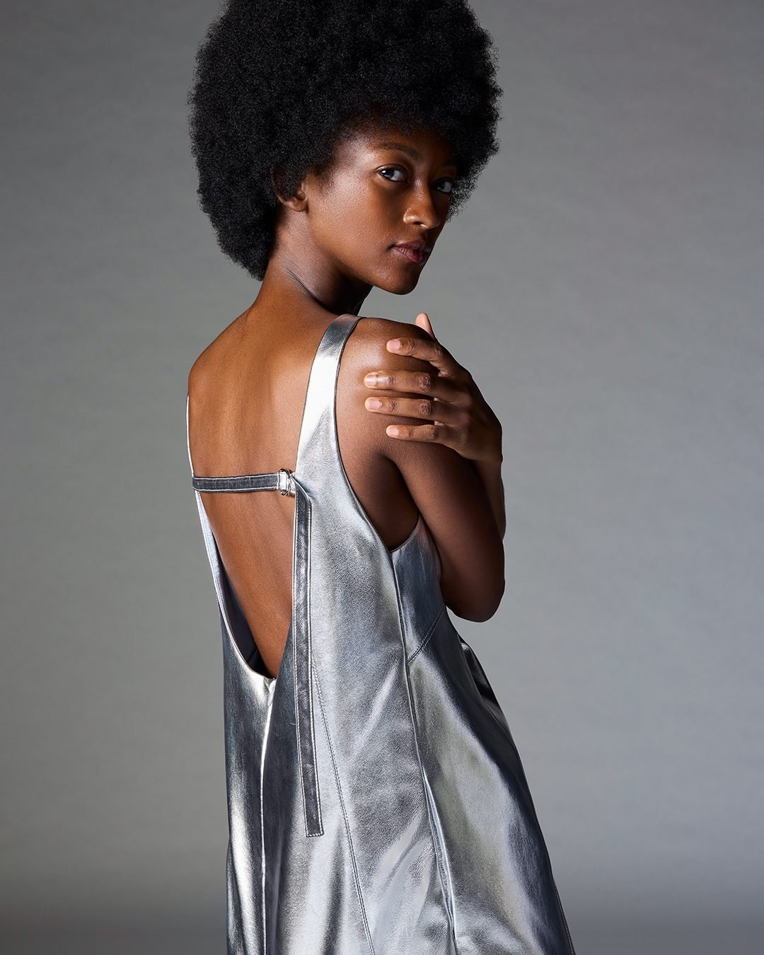 Vegan Metallic Open Back Strap Shift Dress